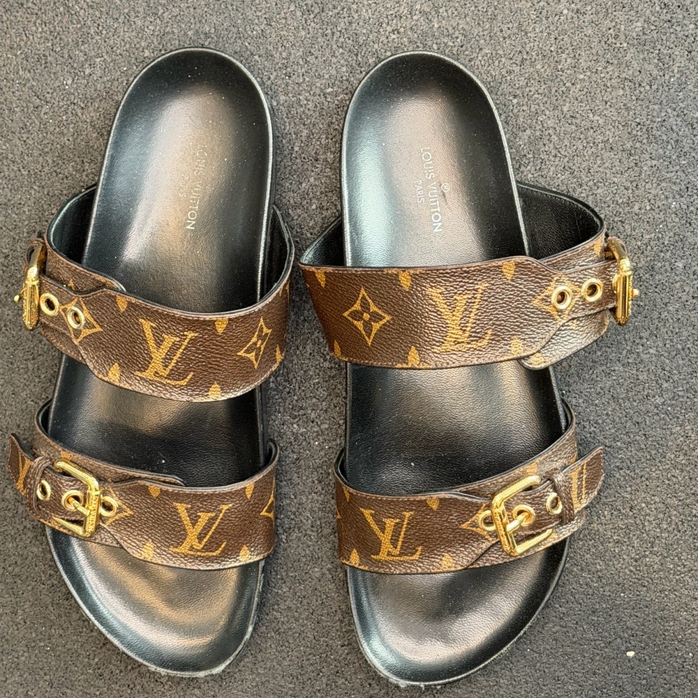 Louis Vuitton Monogram Brown Slides with Gold Buckles